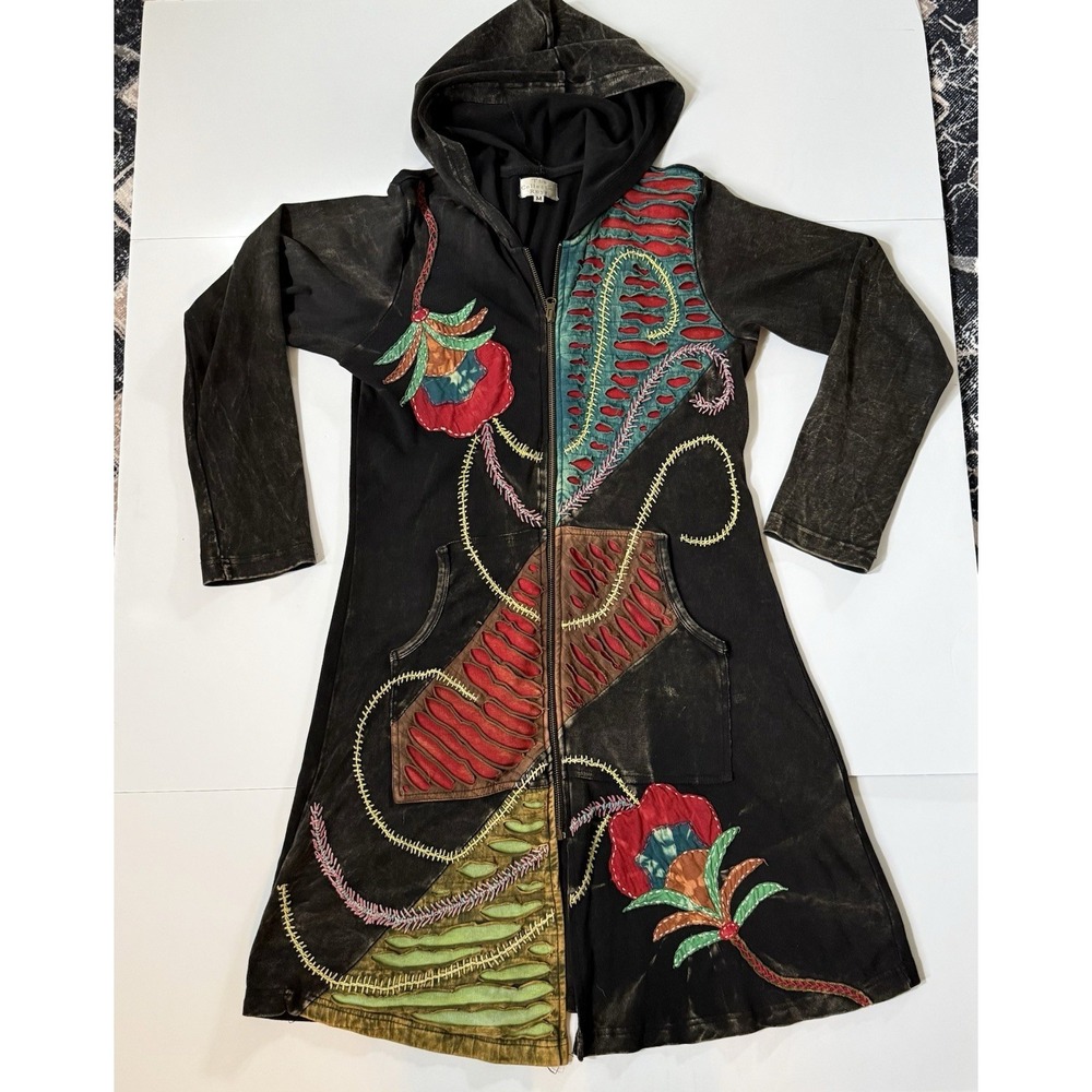 Rising International Boho Patchwork Long Hoodie Jacket M Cotton Nepal
